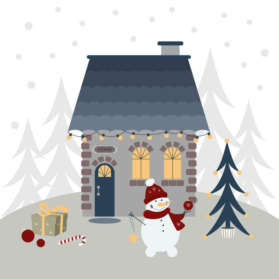Winter Haus im Schnee mit Noel Bäume, Schneemann, gegenwärtig, Dekorationen, Süßigkeiten Stock und Beleuchtung. Weihnachten Vektor eben Illustration.