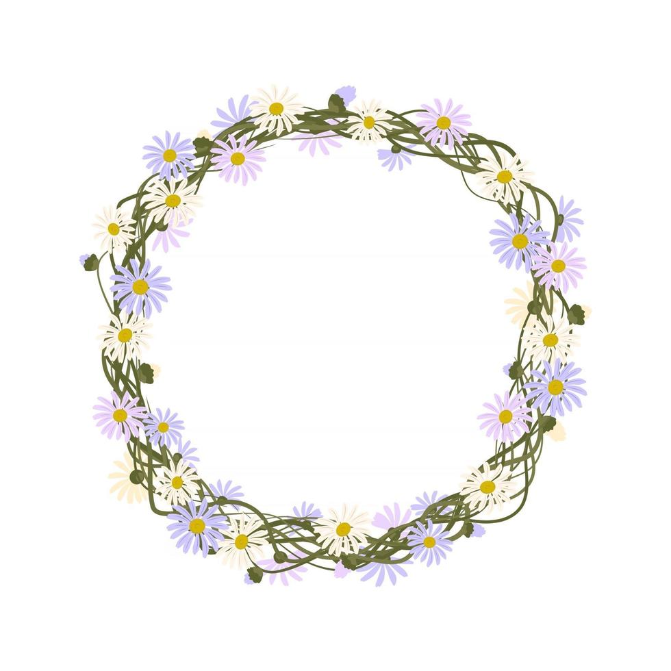 Gänseblümchen-Kranz. runder Rahmen, süße lila und weiße Blumen Kamille vektor
