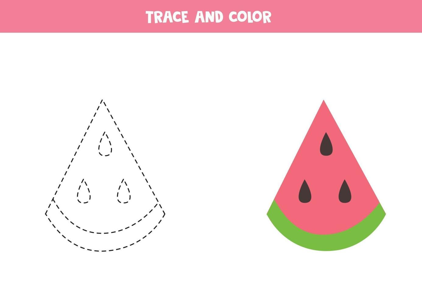 Süße Wassermelonenscheibe nachzeichnen und färben Arbeitsblatt für Kinder. vektor