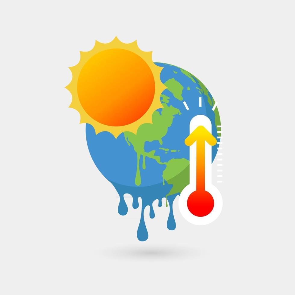 Erde schmilzt mit Sonne und Thermometer, Konzept der globalen Erwärmung. vektor