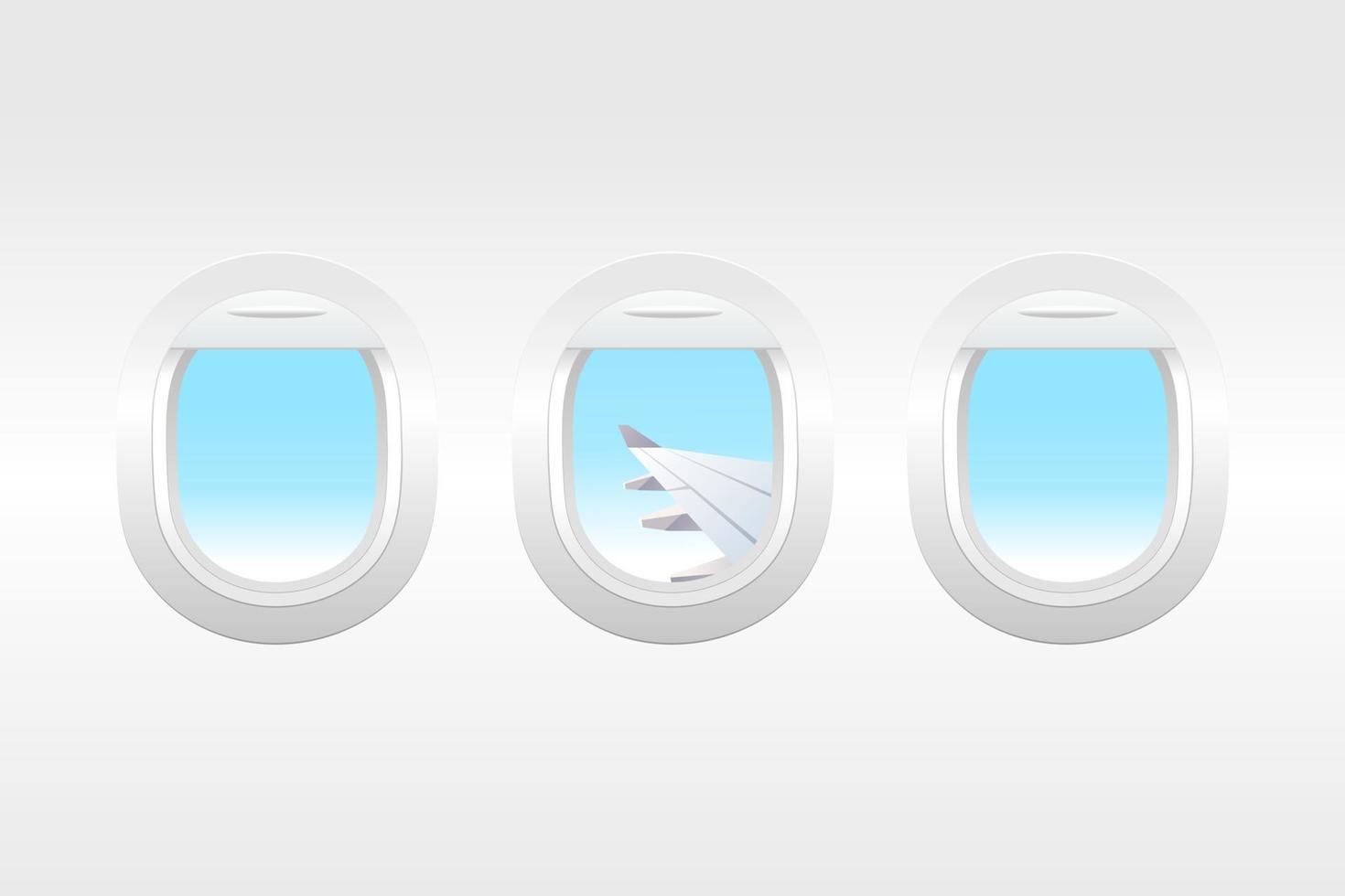 Flugzeugfenster Innenansicht. Flugzeugfenster mit bewölkter Außenseite. vektor
