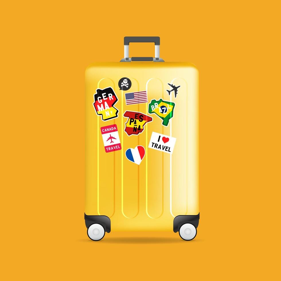 gul resväska med klistermärken, etiketter och taggar. vektor