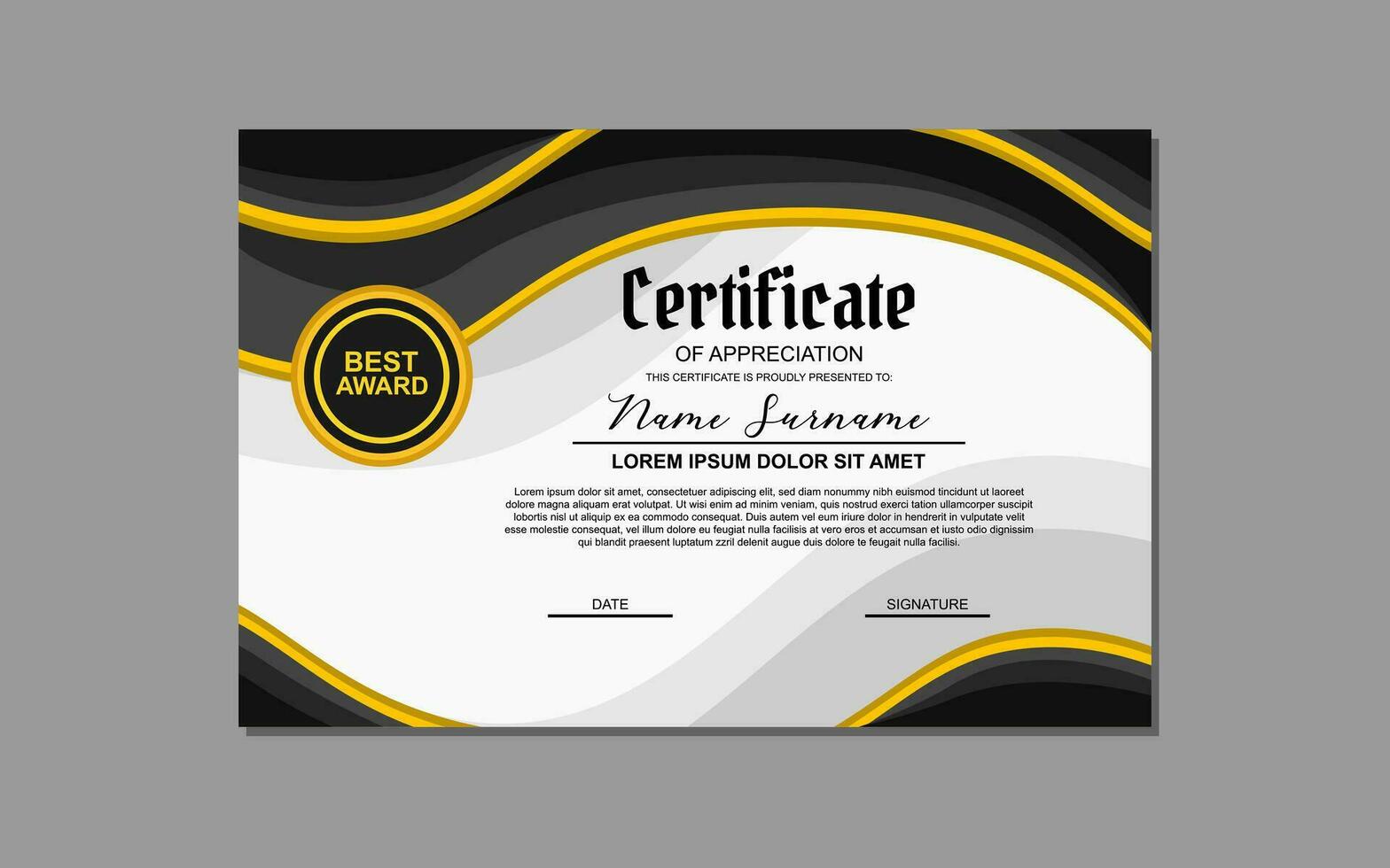 ein Zertifikat Vorlage mit ein elegant Gold und schwarz Design. geeignet zum Erstellen Fachmann Zertifikate zum Auszeichnungen, Erfolge, und Anerkennung im verschiedene Branchen. vektor