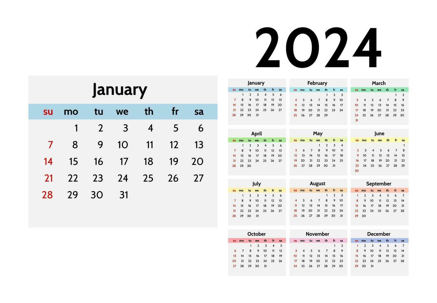 Kalender zum 2024 isoliert auf ein Weiß Hintergrund vektor