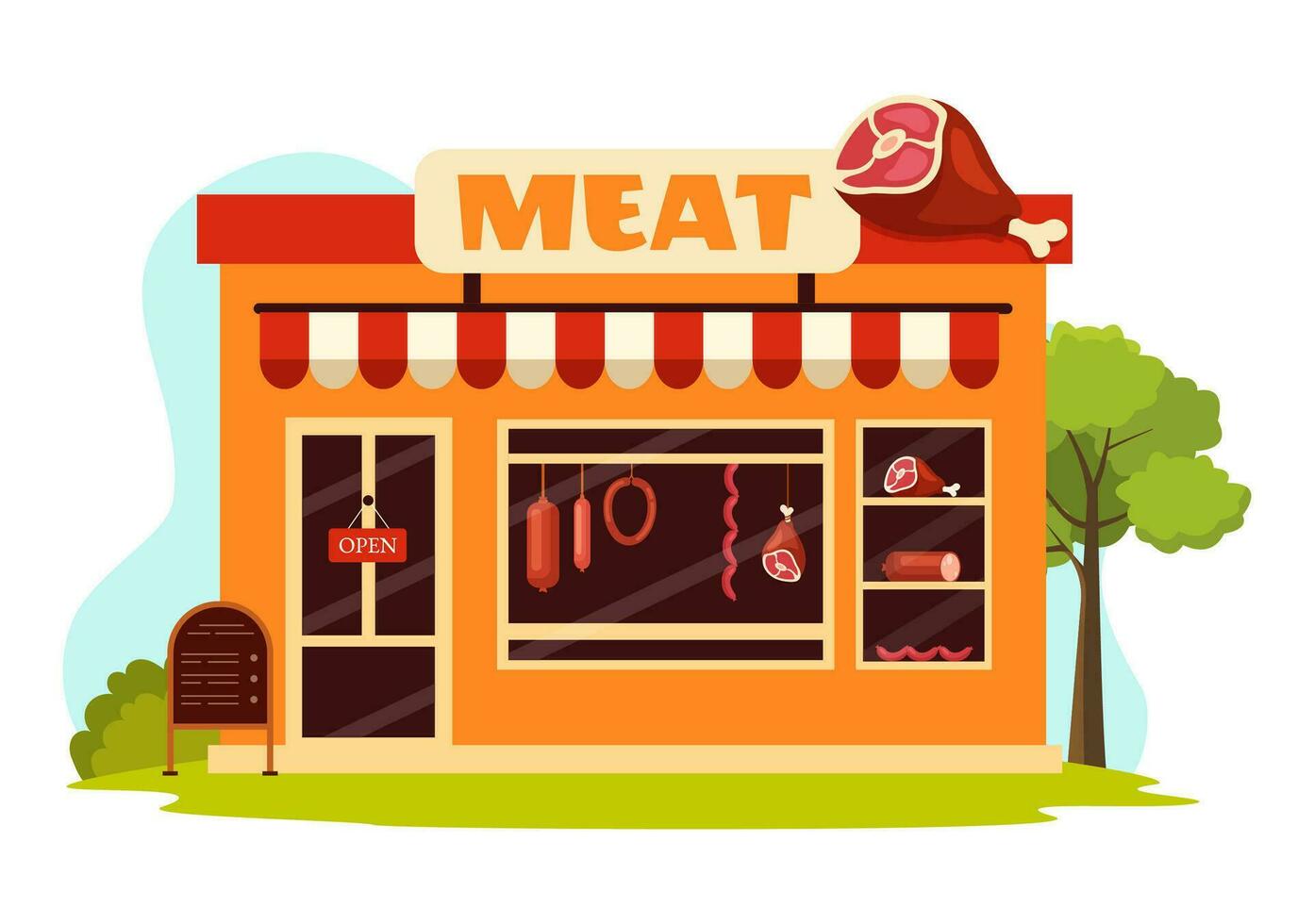 kött affär eller marknadsföra vektor illustration med olika färsk kött Produkter och korvar av nötkött fläsk kyckling i platt tecknad serie bakgrund design