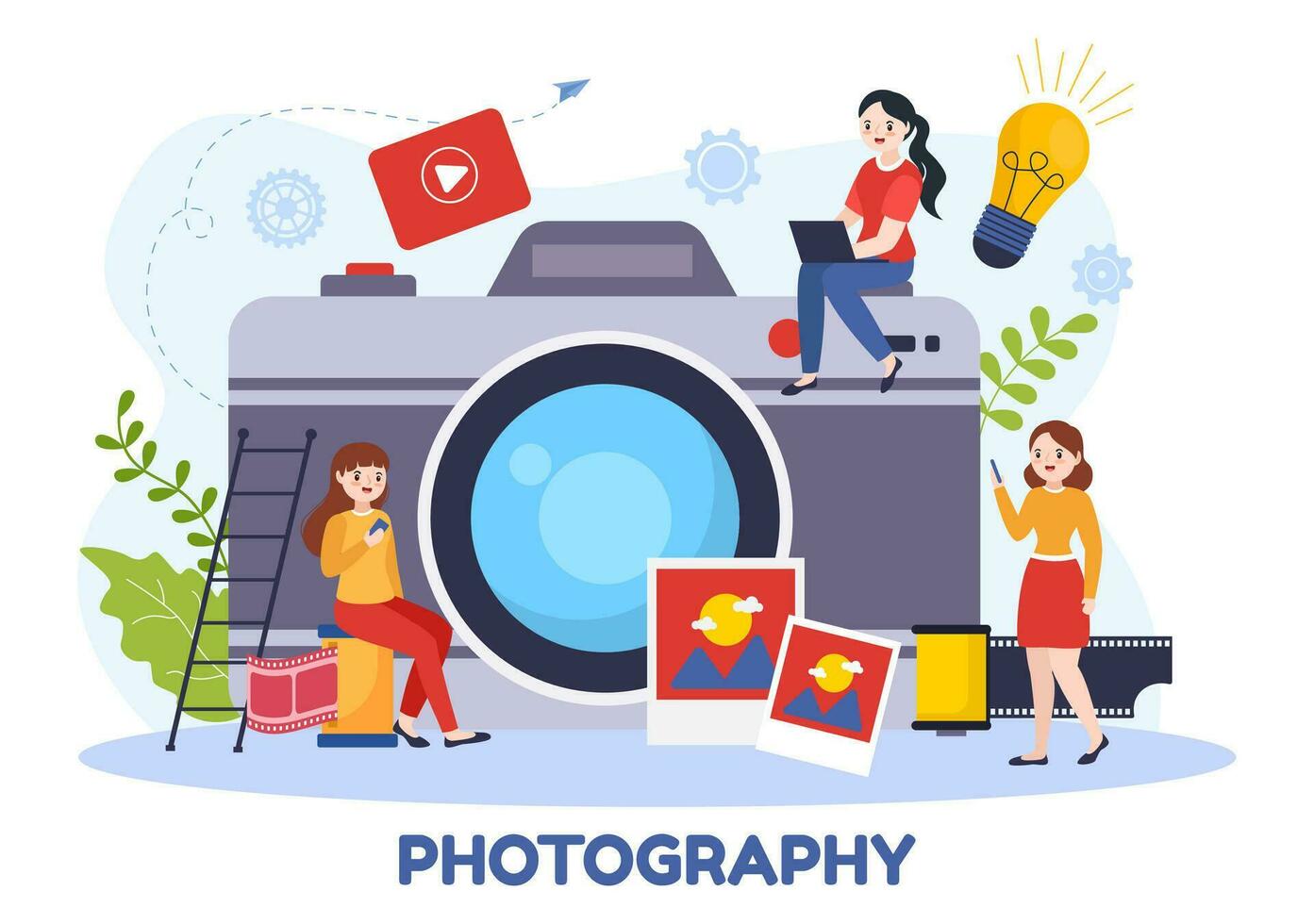fotografi vektor illustration med kamera och Utrustning till fånga resa, turism, äventyr och minnen i en platt tecknad serie bakgrund design