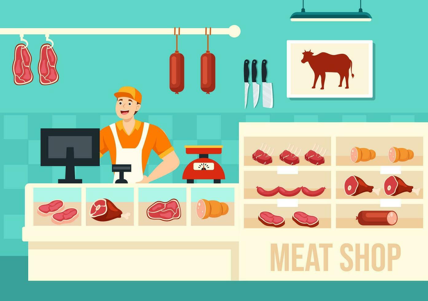 kött affär eller marknadsföra vektor illustration med olika färsk kött Produkter och korvar av nötkött fläsk kyckling i platt tecknad serie bakgrund design
