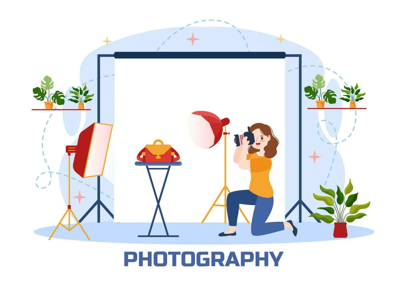 Fotografie Vektor Illustration mit Kamera und Ausrüstung zu Erfassung reisen, Tourismus, Abenteuer und Erinnerungen im ein eben Karikatur Hintergrund Design