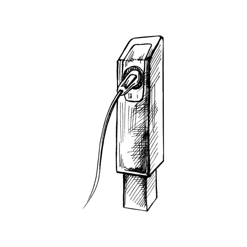 ritad för hand svartvitt skiss av bil laddare. realistisk elektromobil laddning station. alternativ bränsle. klotter vektor illustration. årgång.