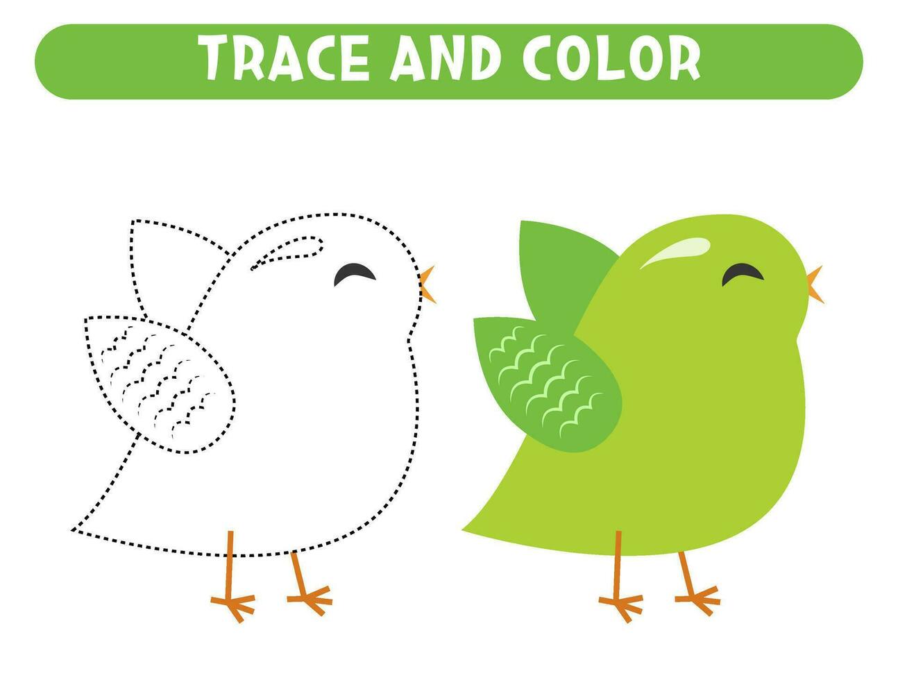 spår och Färg söt tecknad serie grön fågel. kalkylblad för barn vektor