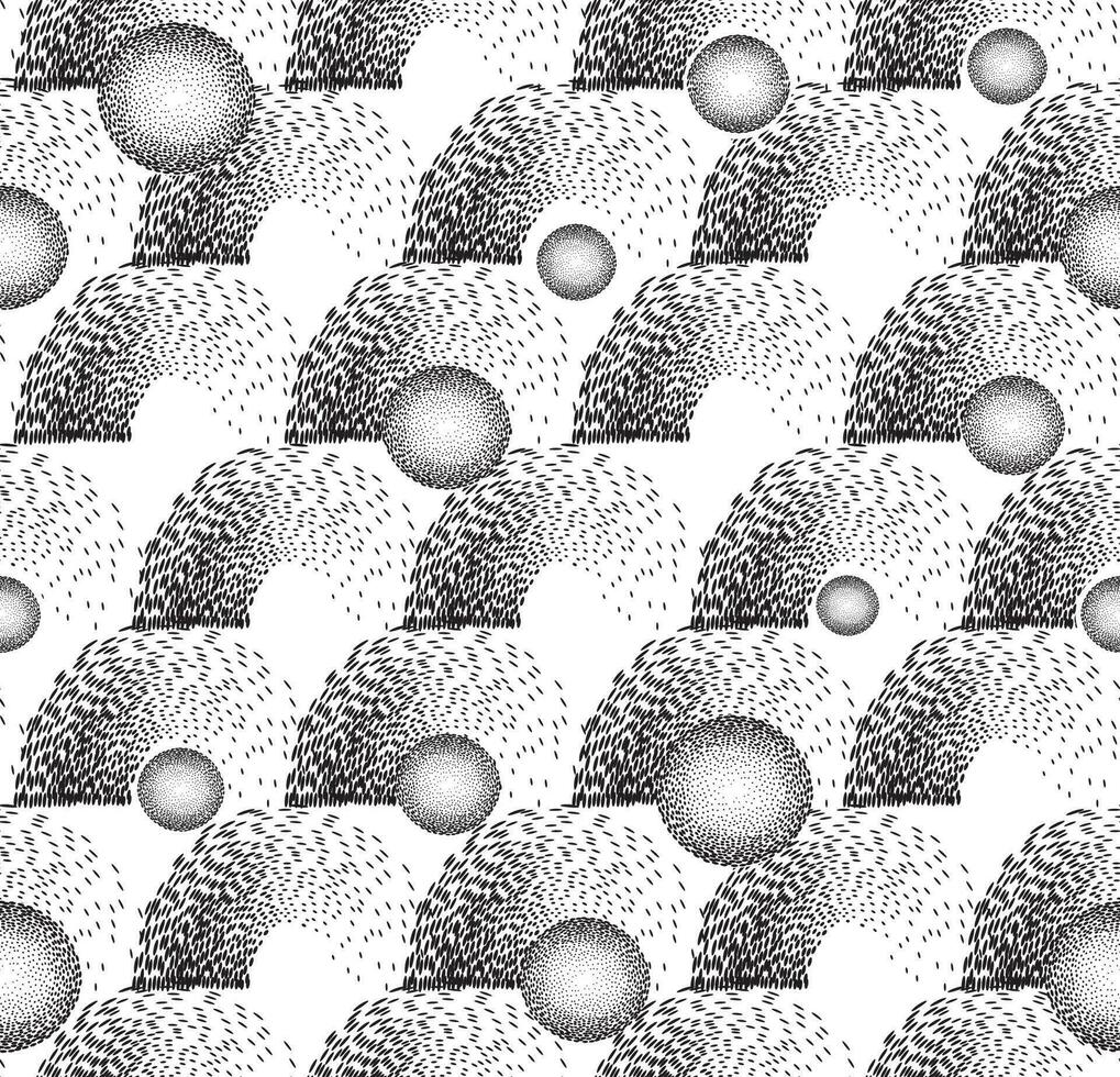 abstrakt prickad bubbla och båge geometrisk begrepp sömlös mönster. strömmande sfär geometrisk bakgrund. cirkel klot prickad textur vektor