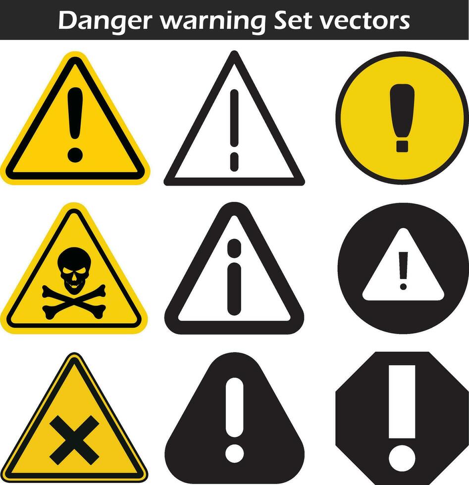 Achtung Warnung Symbol Satz. warnen Dreieck warnen Zeichen im Schwarz, Gelb, und schwarz Farbe. Ausruf unterzeichnen. vektor