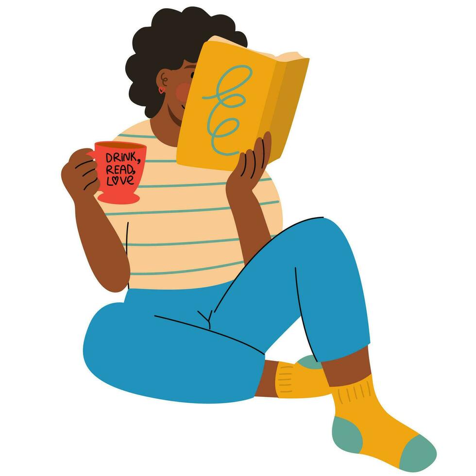 Mädchen, Frau lesen ein Buch mit Tasse von trinken. lesen Bücher Liebhaber. entspannend Zeit zu Lektüre. vektor