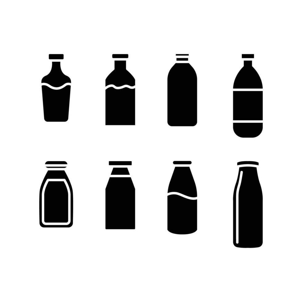 dryck flaskor Skyltning uppsättning i fast ikon, plast eller glas dryck behållare för flytande Begagnade för mat och dryck företag. mjölk flaska ikon uppsättning. vektor illustration. design på vit bakgrund. eps 10