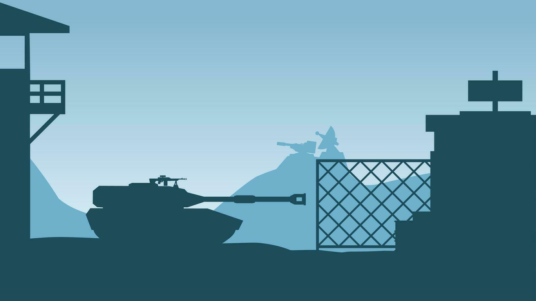 Militär- Base Landschaft Vektor Illustration. Landschaft Silhouette von Panzer und Post bewachen im Militär- Base. Militär- Landschaft zum Hintergrund, Hintergrund oder Landung Seite