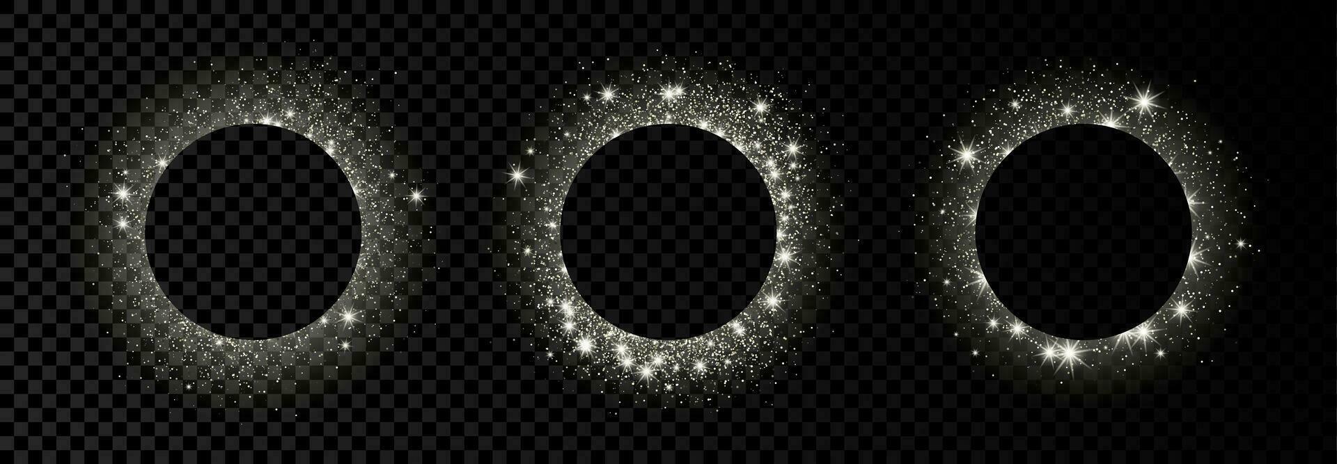 uppsättning av tre silver- cirkel ramar med glitter, pärlar och bloss på mörk bakgrund. tömma lyx bakgrund. vektor illustration.