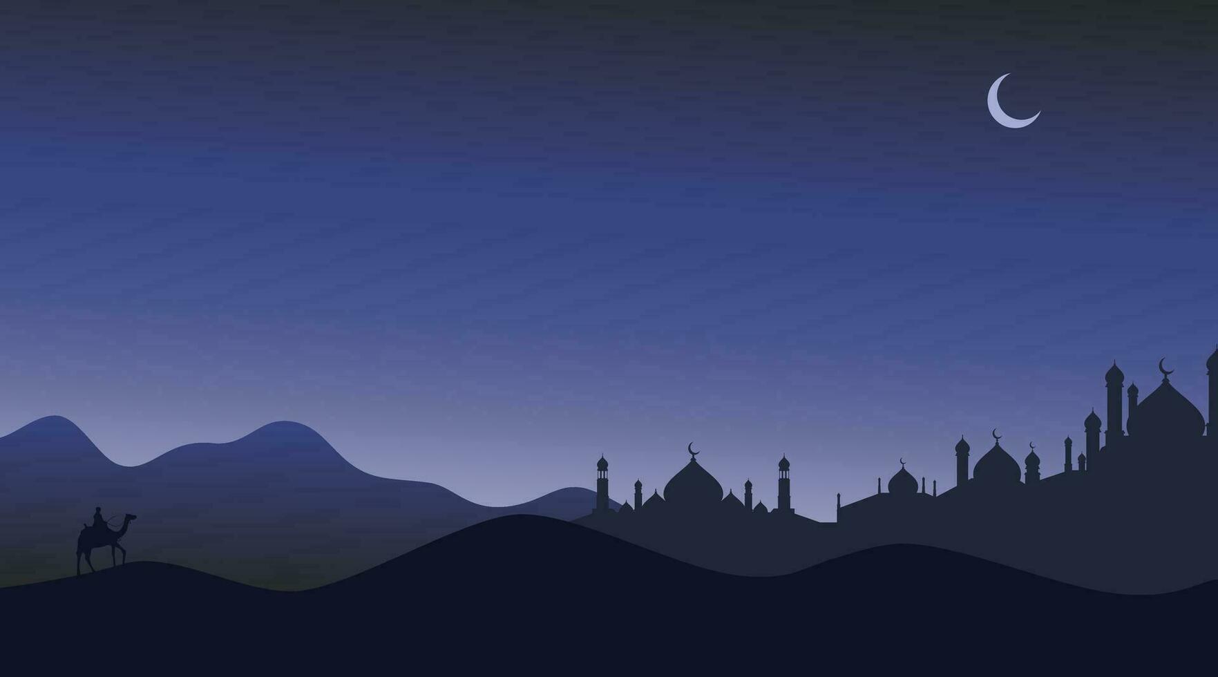 islamic bakgrund. abstrakt moskén. öken- illustration design på natt med moskén. moské silhuett vektor design. abstrakt moské bakgrund. moské design för webb, mall, baner, inbjudan,
