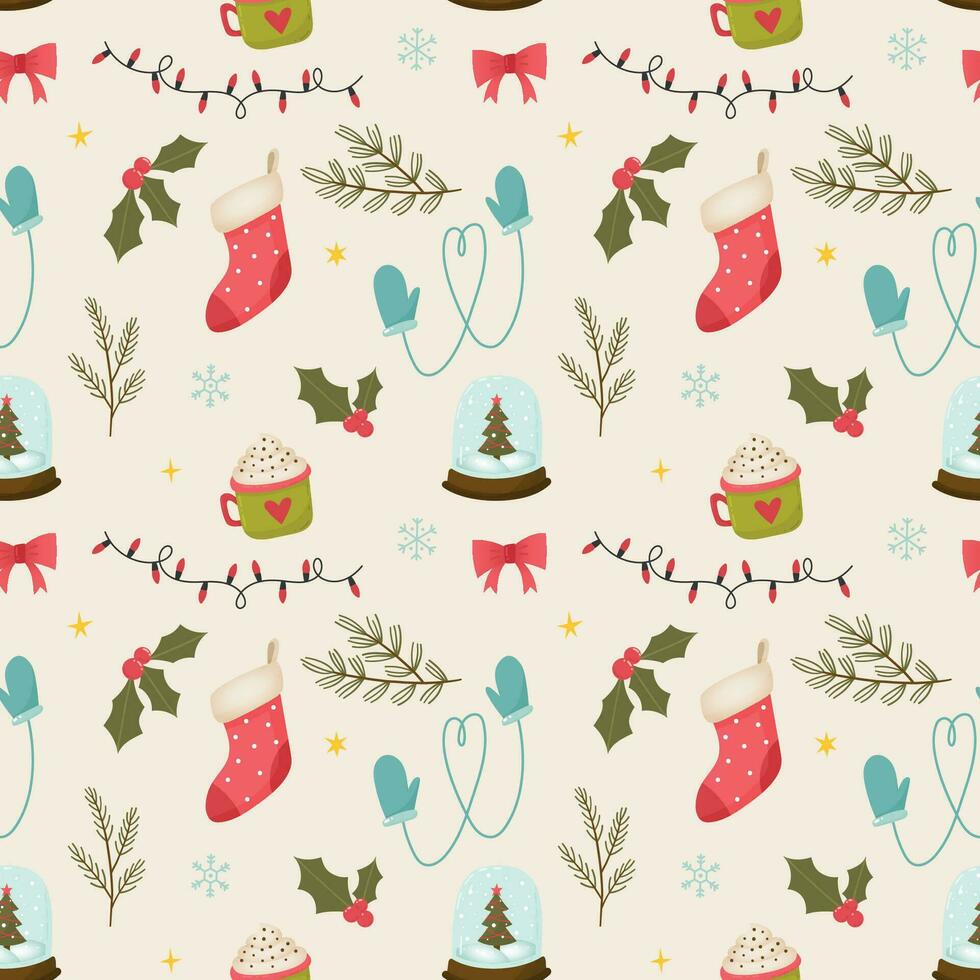 Weihnachten nahtlos Muster. Weihnachten festlich Hintergrund mit Schnee Globus, Fäustlinge, Girlande, Stechpalme, Geäst, Kaffee Tasse vektor