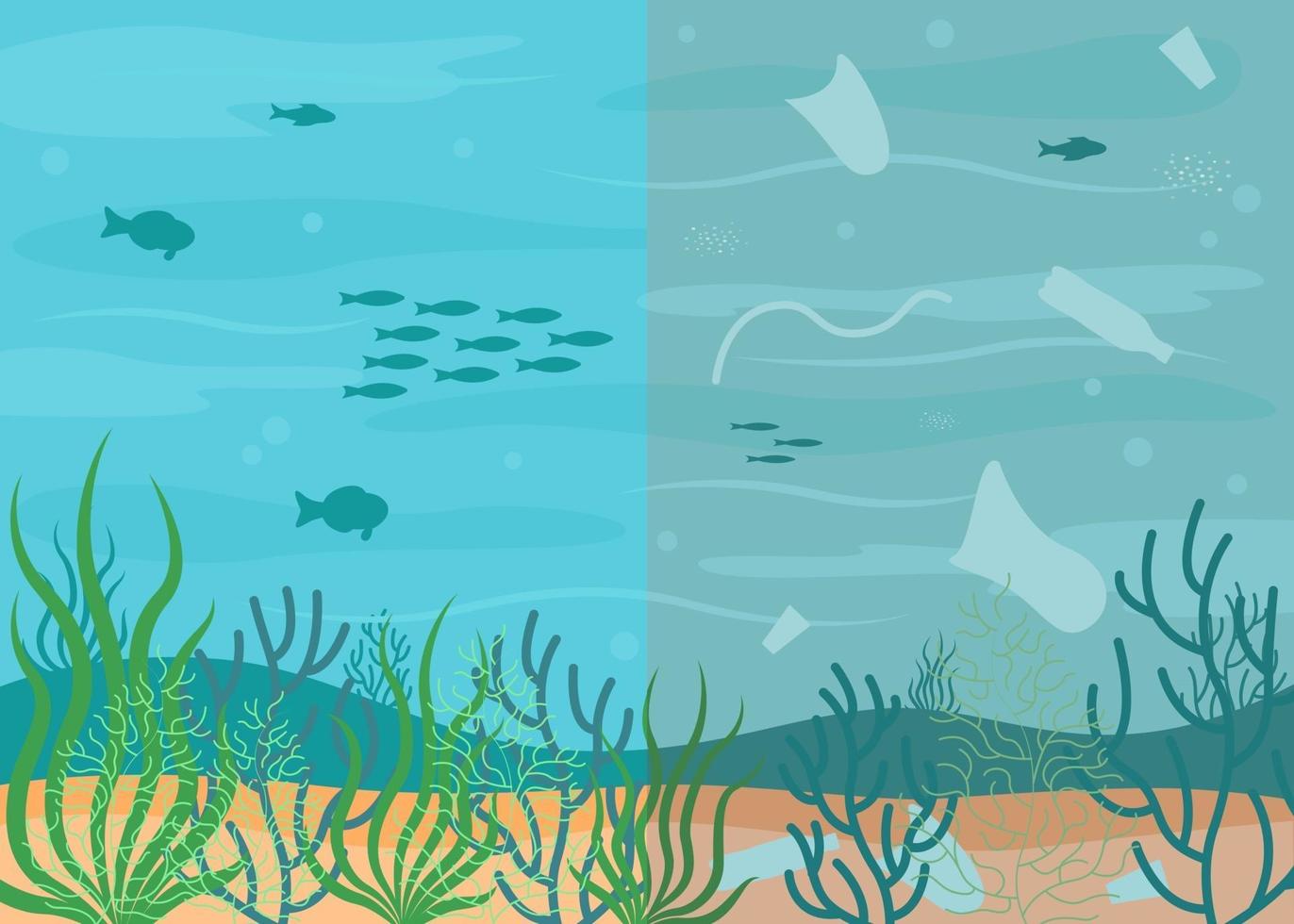 sauberes Meer, Unterwasser- und Wasserverschmutzung, Müll. Plastik-Müll vektor