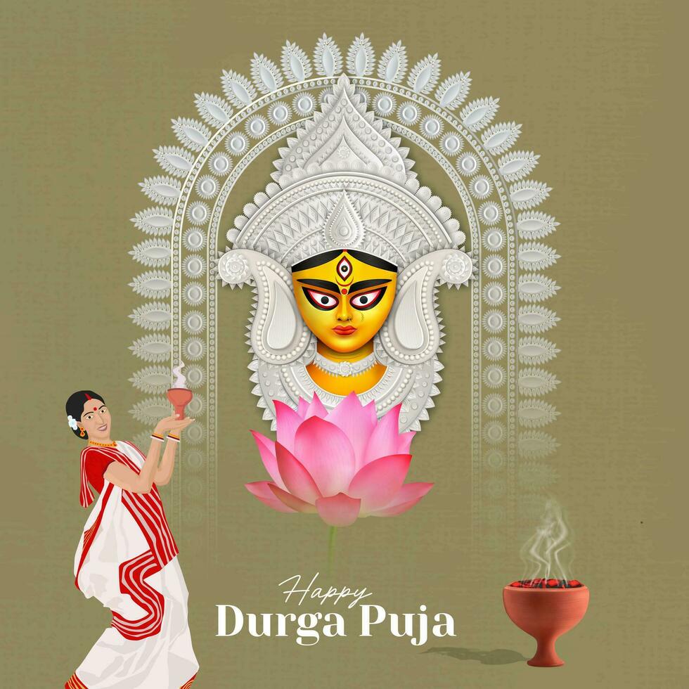 Lycklig durga puja kreativ baner design med durga ansikte illustration indisk festival vektor