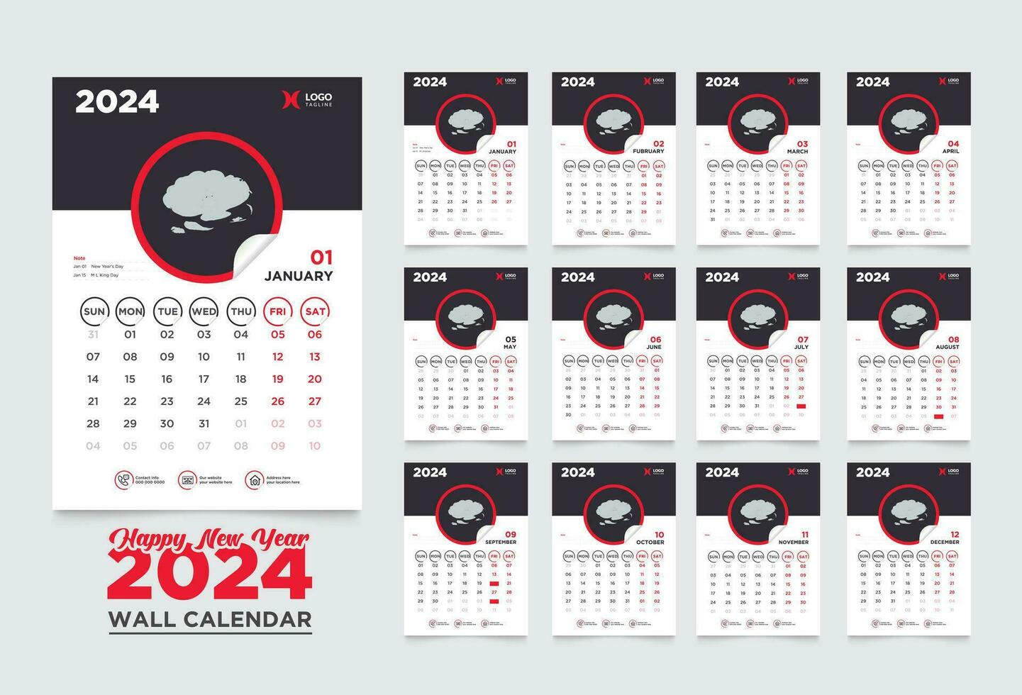 Mauer Kalender 2024 Vorlage Design, Jahr Planer 2024 vektor