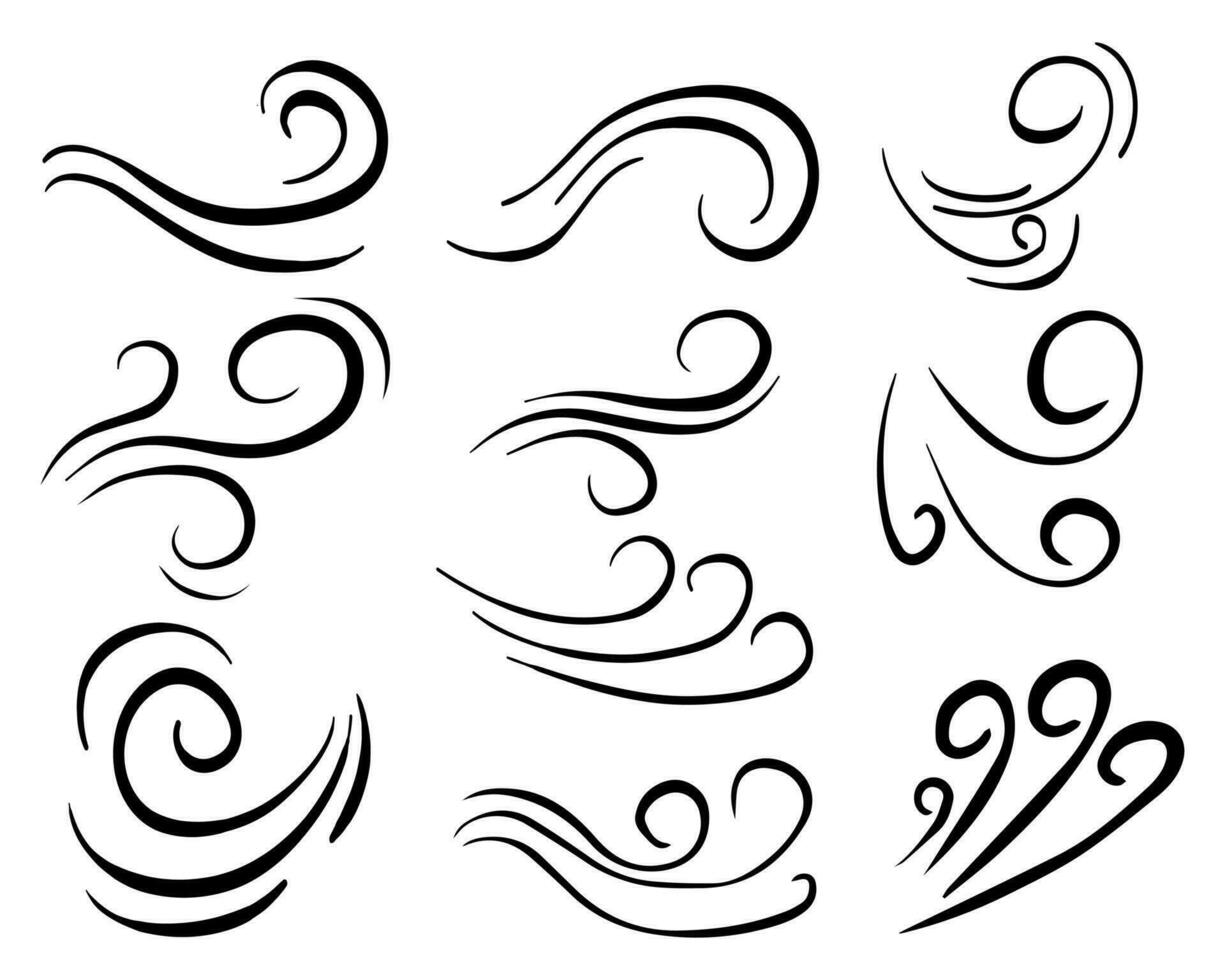 Hand gezeichnet einstellen Wind Gekritzel Schlag, Böe Design isoliert auf Weiß Hintergrund. Illustration Vektor handgezeichnet Stil