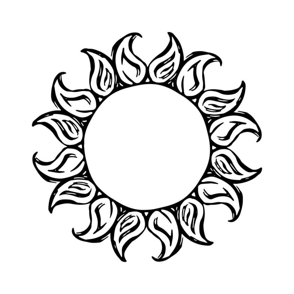 abstrakt Boho Stil Sonne. Rahmen mit Flammen Strahlen isoliert auf Weiß. Astrologie, Okkulte, geometrisch Magie Symbol. einfach Hand gezeichnet Vektor Illustration.