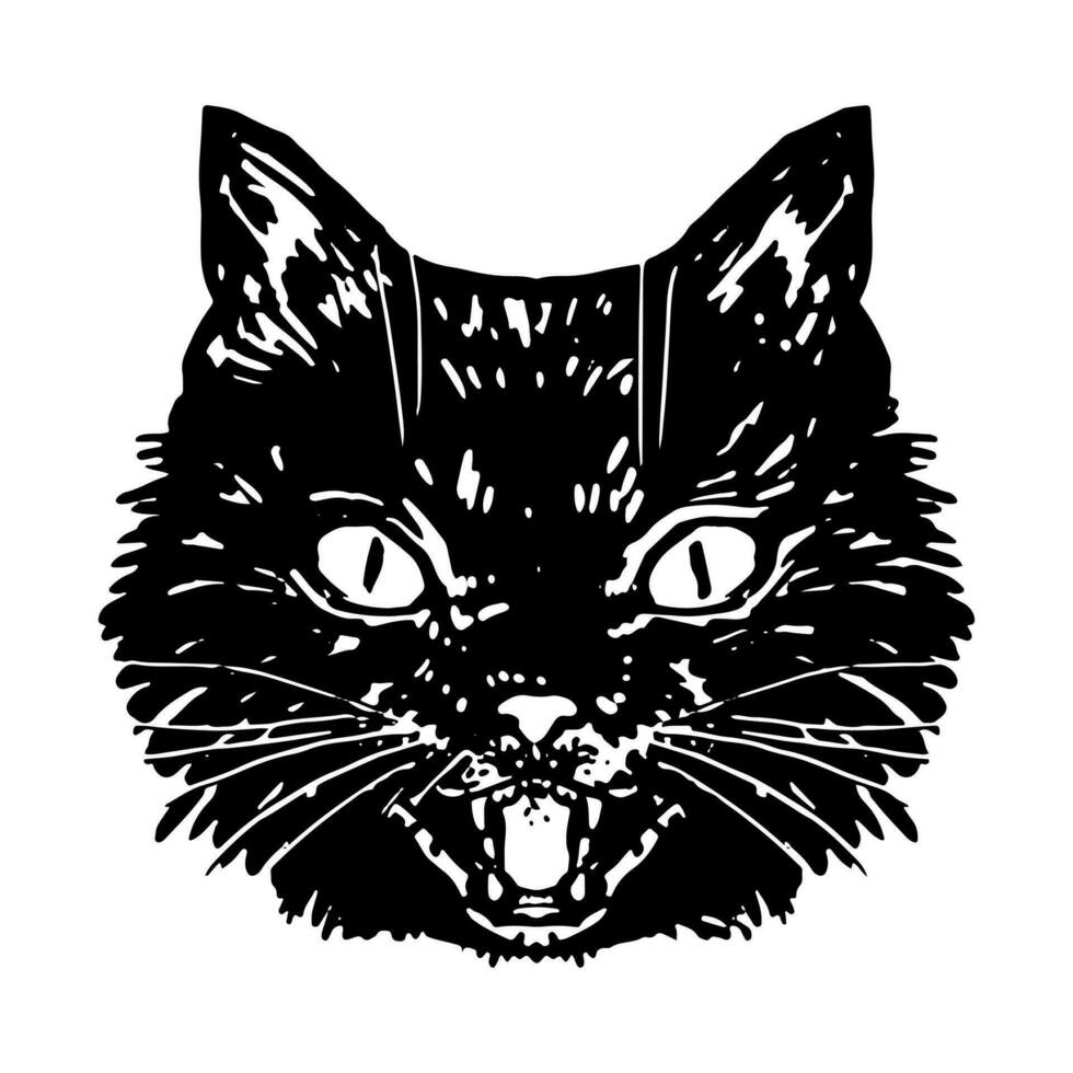 wütend schwarz Katze Gesicht. zischen Katze Halloween Vektor Illustration. realistisch Tinte skizzieren von Hexe familiär Tier. Clip Art zum Dekor isoliert auf Weiß.