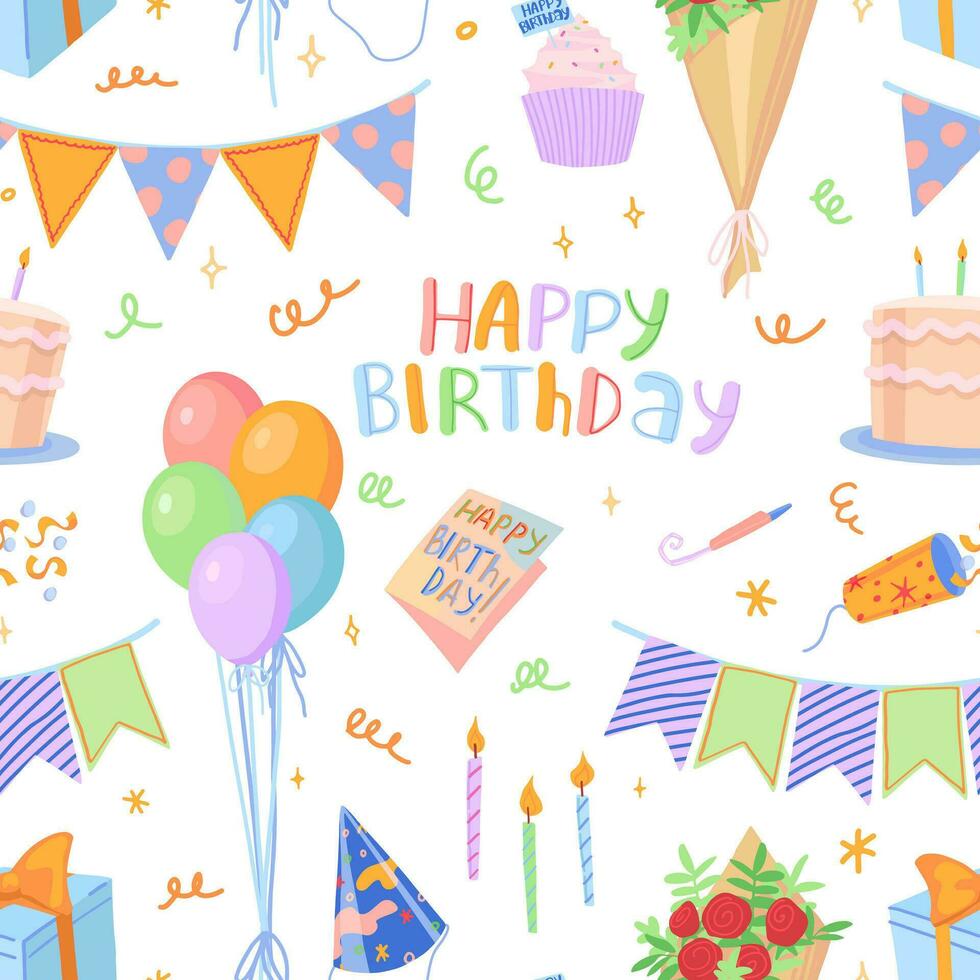 födelsedag fest vektor sömlös mönster. tecknad serie illustrationer av bukett, kaka, poppare, gåva, kort, ballonger, festlig flaggor. ljus modern prydnad.
