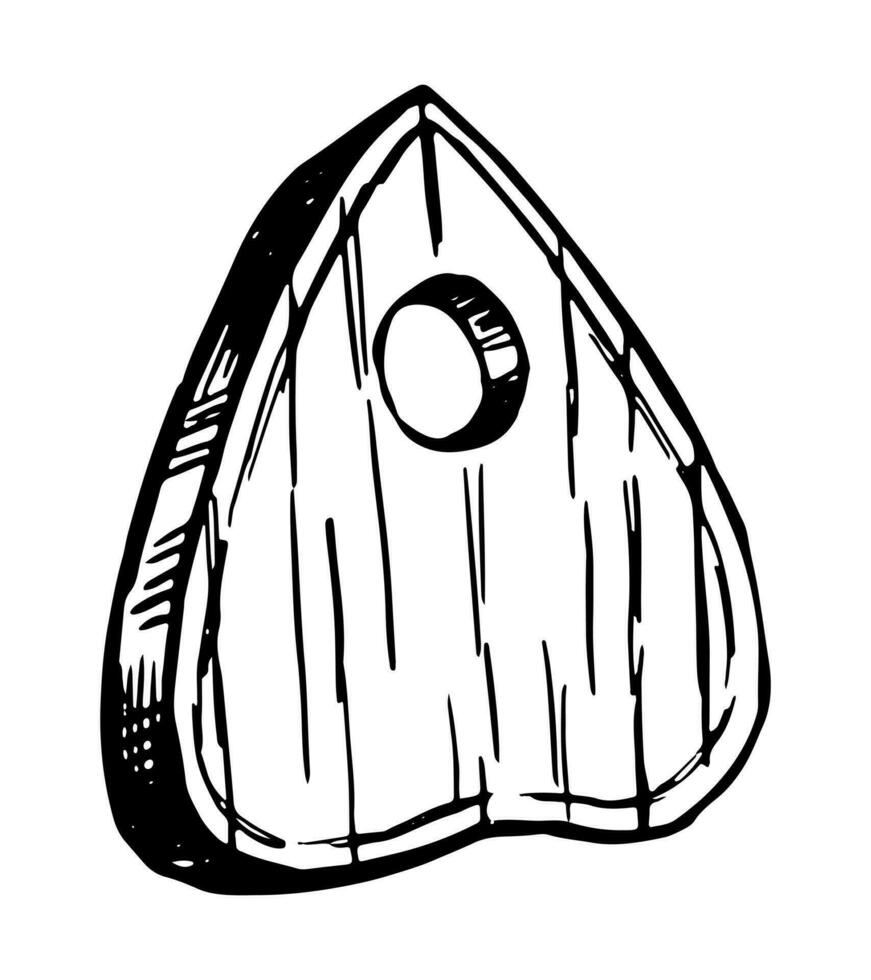 herzförmig Planchette zum Geist Planke, ouija Tafel Okkulte Artikel Gekritzel. Halloween Hand gezeichnet Vektor Illustration im retro Stil. Tinte skizzieren isoliert auf Weiß.