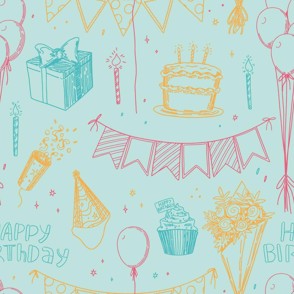 Geburtstag Party Vektor nahtlos Muster. Gliederung Abbildungen von Kuchen, Kerzen, Geschenk Kasten, festlich Flaggen, Strauß, Luftballons. hell retro Stil Ornament.