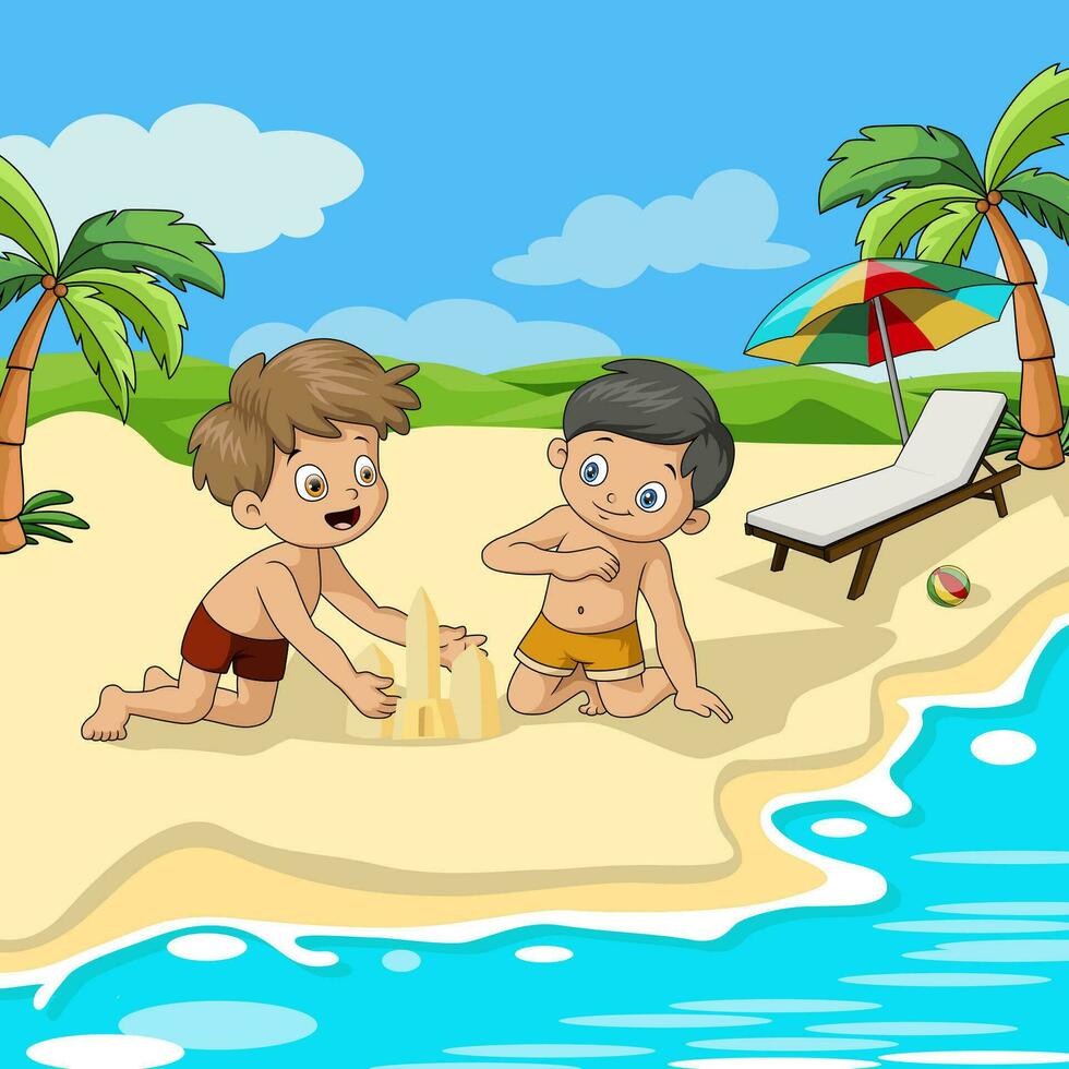 süß Kinder Karikatur Herstellung Sand Schloss beim das Strand vektor