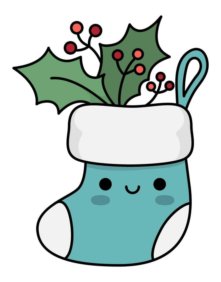 Vektor farbig kawaii Strumpf mit Stechpalme Blätter und Beeren. süß Weihnachten hängend Socke Illustration isoliert auf Weiß Hintergrund. Neu Jahr oder Winter Karikatur Urlaub Symbol