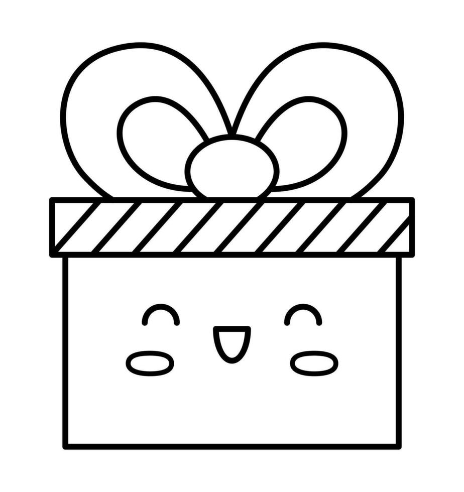 Vektor schwarz und Weiß kawaii Geschenk mit Schleife. süß Weihnachten Charakter Illustration isoliert auf Weiß Hintergrund. Neu Jahr oder Winter lächelnd Geschenk Kasten. komisch Linie Symbol, Färbung Seite