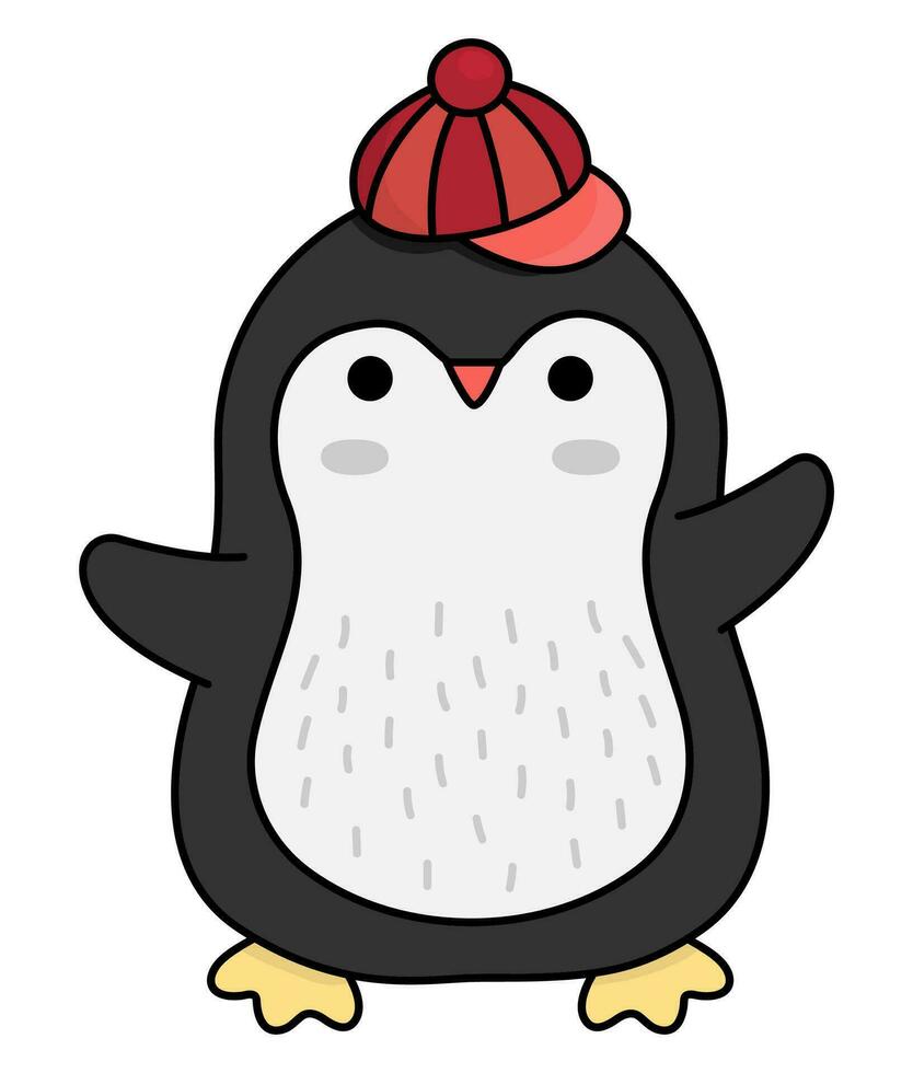 vektor färgad söt pingvin i hatt. söt jul djur- karaktär illustration isolerat på vit bakgrund. ny år eller vinter- leende fågel. rolig tecknad serie Semester ikon