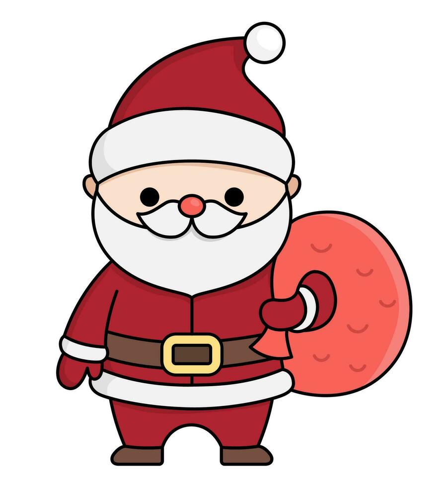 Vektor farbig kawaii Santa claus mit Sack. süß Vater Frost Illustration isoliert auf Weiß Hintergrund. Weihnachten, Winter oder Neu Jahr Charakter mit Tasche. komisch Karikatur Urlaub Symbol