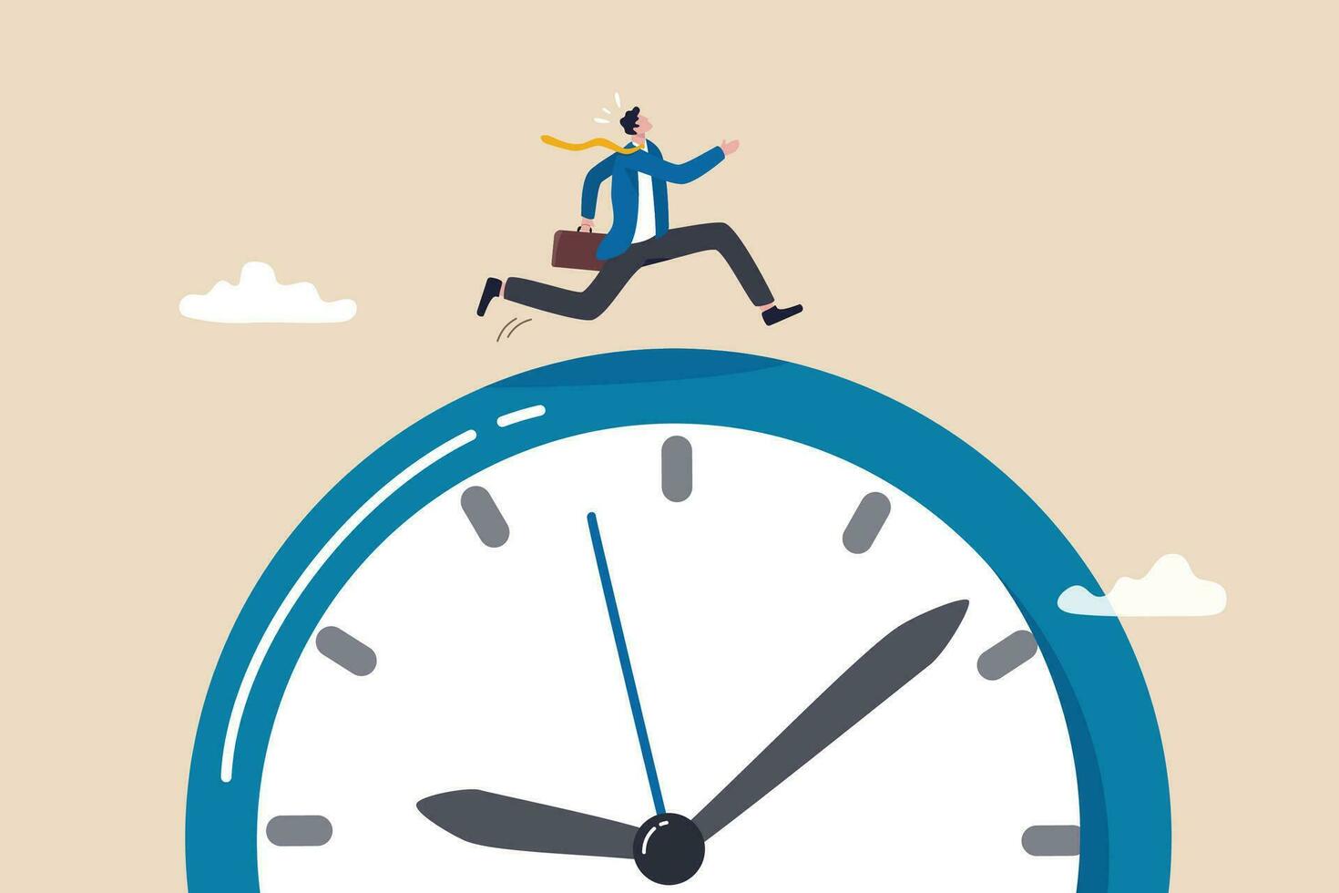 tid springa ut, deadline eller skynda till gå till de kontor sent, brådskande karaktär eller bestämning till Avsluta arbete snabb, betonade eller ångest till komplett arbete begrepp, skynda affärsman springa snabb på tid springa ut klocka. vektor