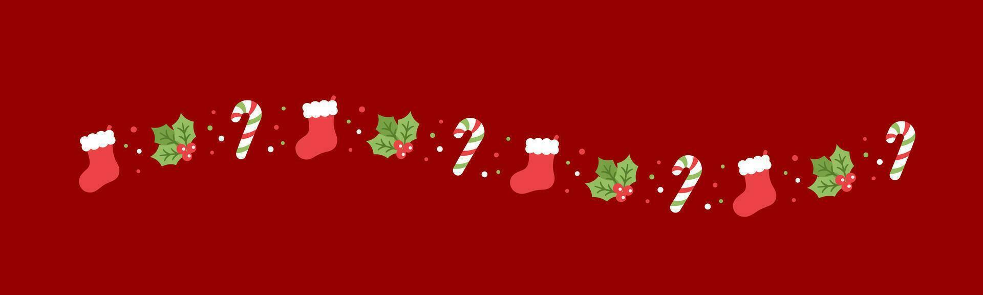 Weihnachten thematisch dekorativ wellig Linie Rand und Text Teiler, Weihnachten Strumpf, Süßigkeiten Stock und Mistel Muster. Vektor Illustration.