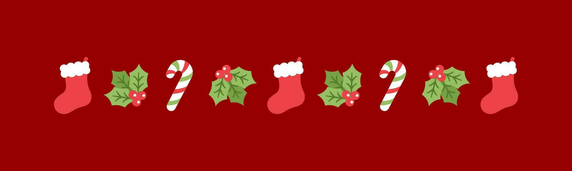 jul tema dekorativ gräns och text delare, jul strumpa, godis sockerrör och mistel mönster. vektor illustration.