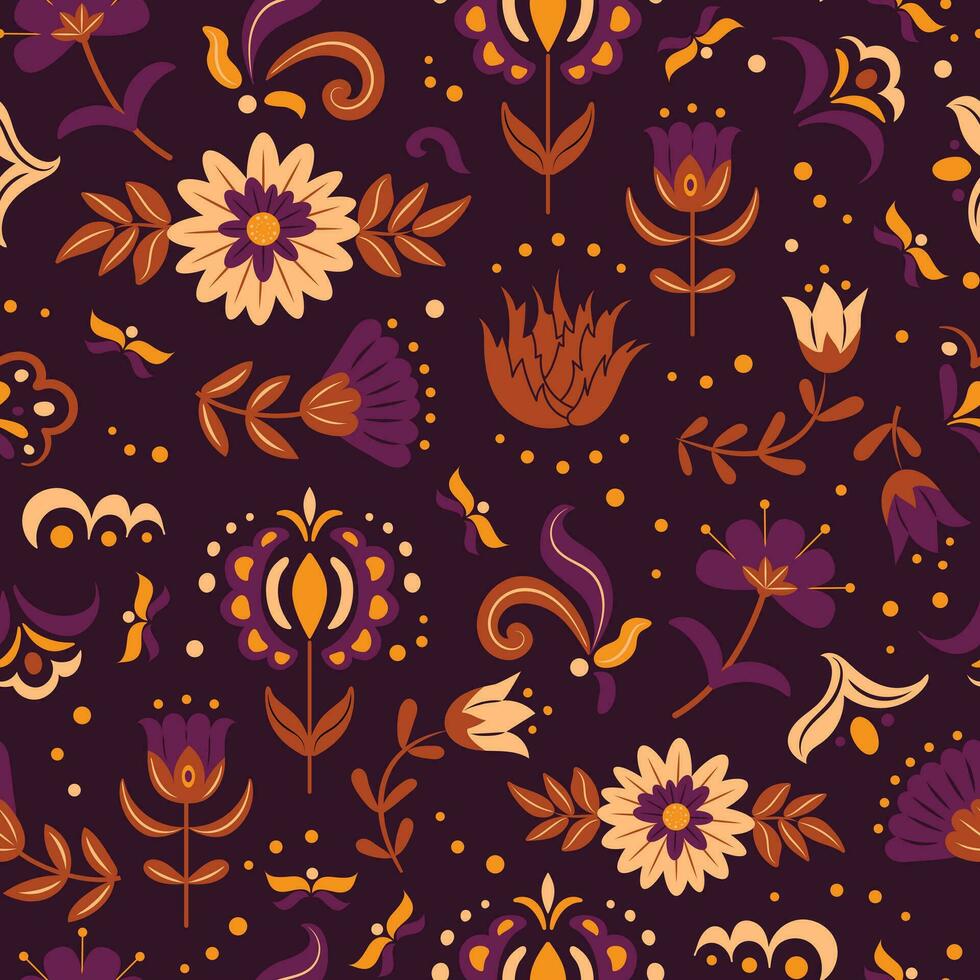 nahtlos Jahrgang Muster. Mexikaner oder slawisch Volk Blumen Satz, bunt Knospen und Blätter, zum Tag von das tot dia de los Muertos oder cinco de Mayo Festival Blumen- Design. spanisch Erbe Monat. vektor