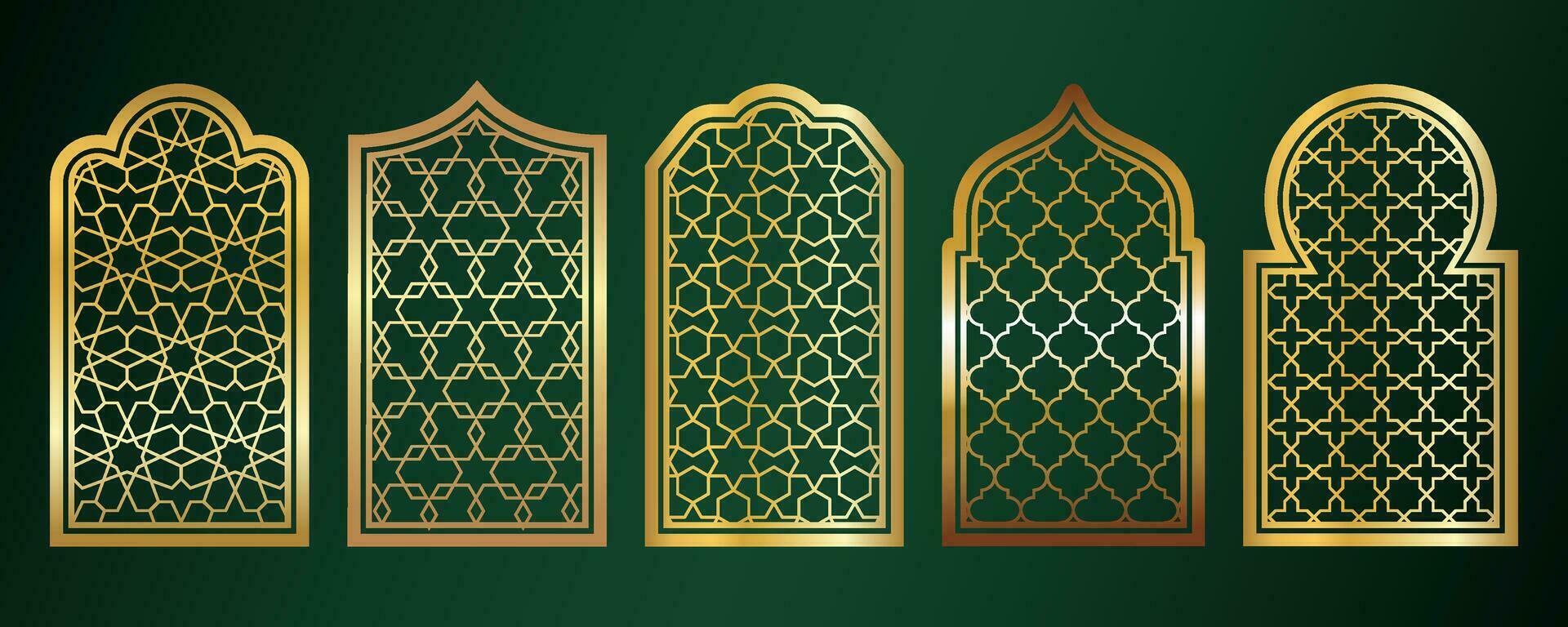 golden Amadan Fenster. islamisch Tür Frames mit Ornament. Arabisch Moschee Bogen auf Grün Hintergrund. islamisch Vektor Dekoration