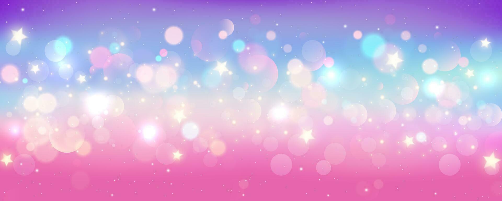Regenbogen Einhorn Hintergrund. Pastell- funkeln Rosa Fantasie Galaxis. Magie Meerjungfrau Himmel mit Bokeh. holographisch kawaii abstrakt Raum mit Sterne und funkelt. Vektor