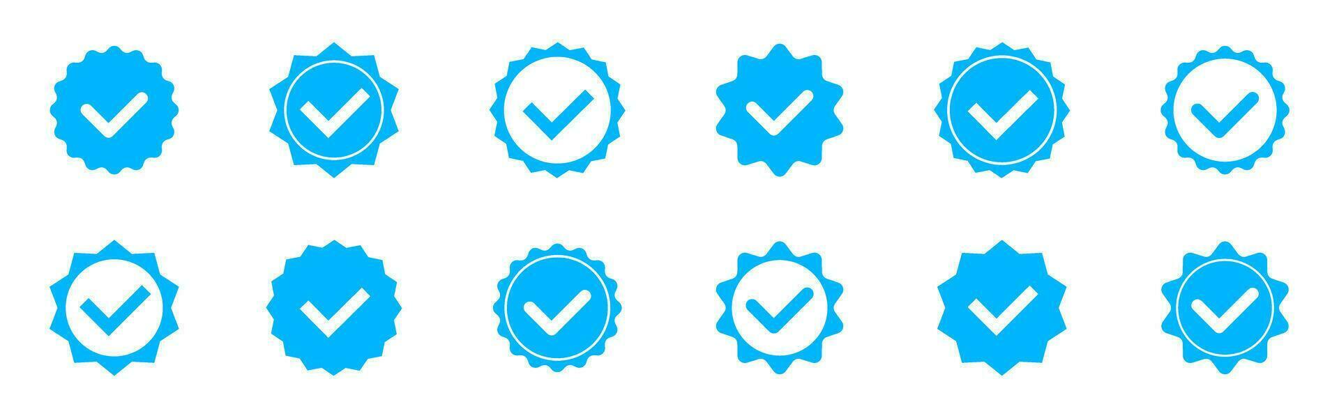 Konto Nachprüfung Symbol Sammlung. Sozial Medien Nachprüfung Symbole. verifiziert Abzeichen Profil Satz. Blau prüfen Kennzeichen Vektor Symbol
