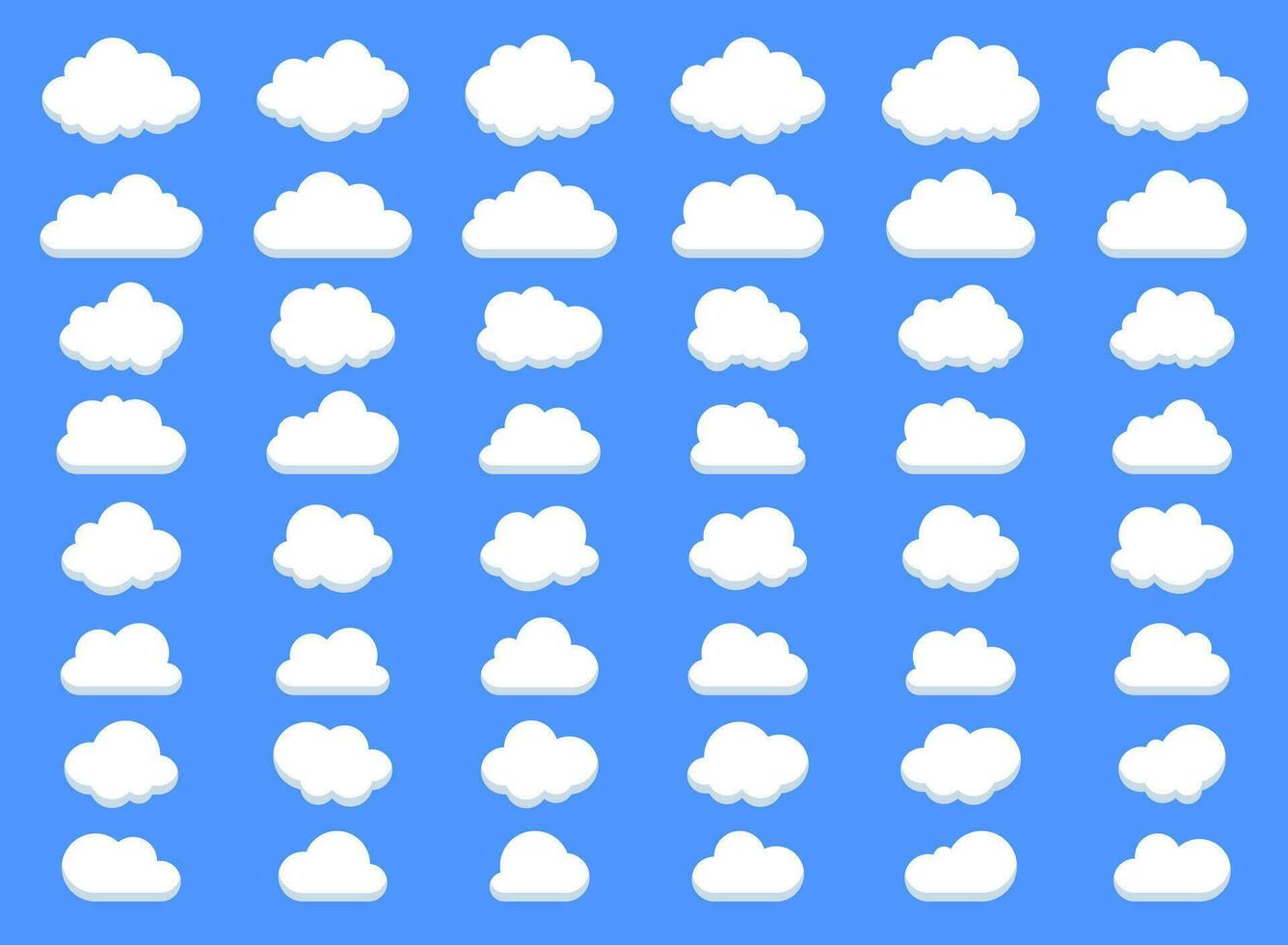 stor uppsättning av fluffig moln och med platt botten moln ikoner i platt stil isolerat på blå bakgrund. moln vektor samling.