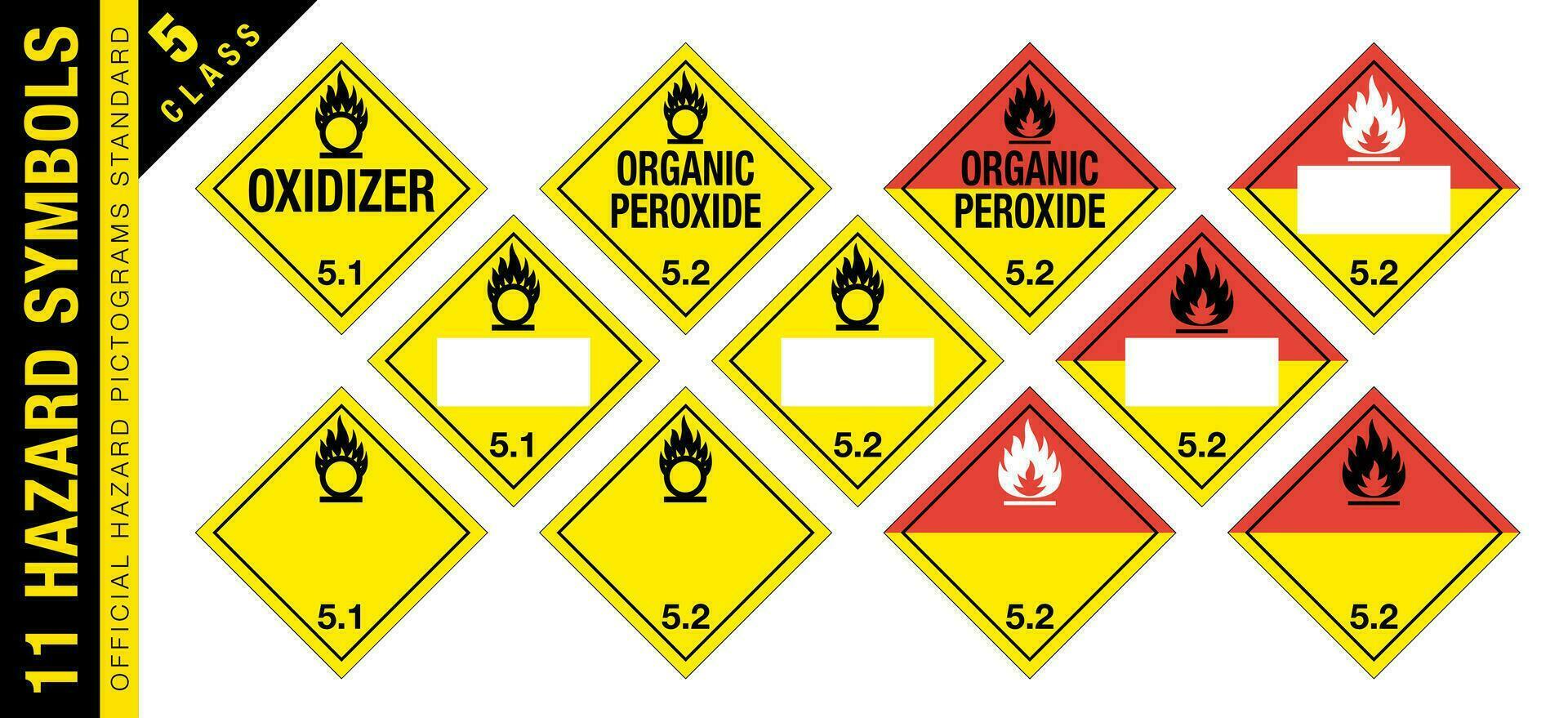 voll einstellen von 11 Klasse 5 isoliert gefährlich Material Zeichen. Oxidationsmittel Agent, organisch Peroxid. Hazmat isoliert Plakate. offiziell Gefahr Piktogramme Standard. vektor