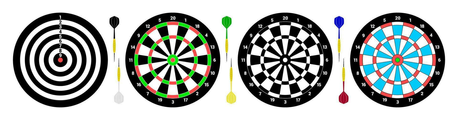 vier klassisch Dartscheiben zum spielen Darts. sechs Darts zum Spiel. eben Stil. isoliert Vektor