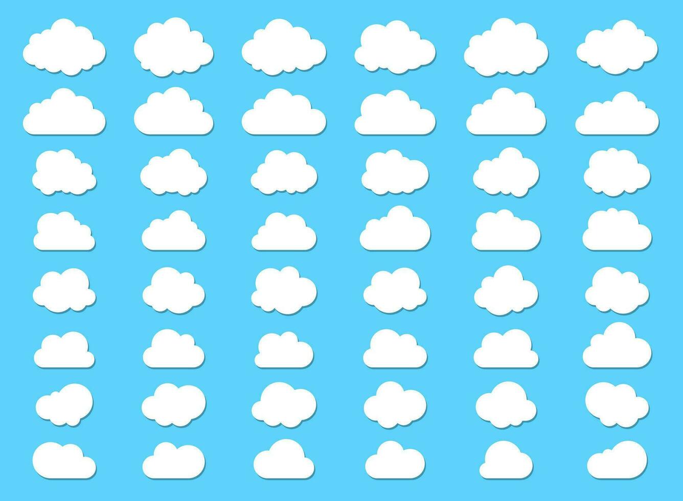 stor uppsättning av fluffig moln och med platt botten moln ikoner i platt stil isolerat på blå bakgrund. moln vektor samling.