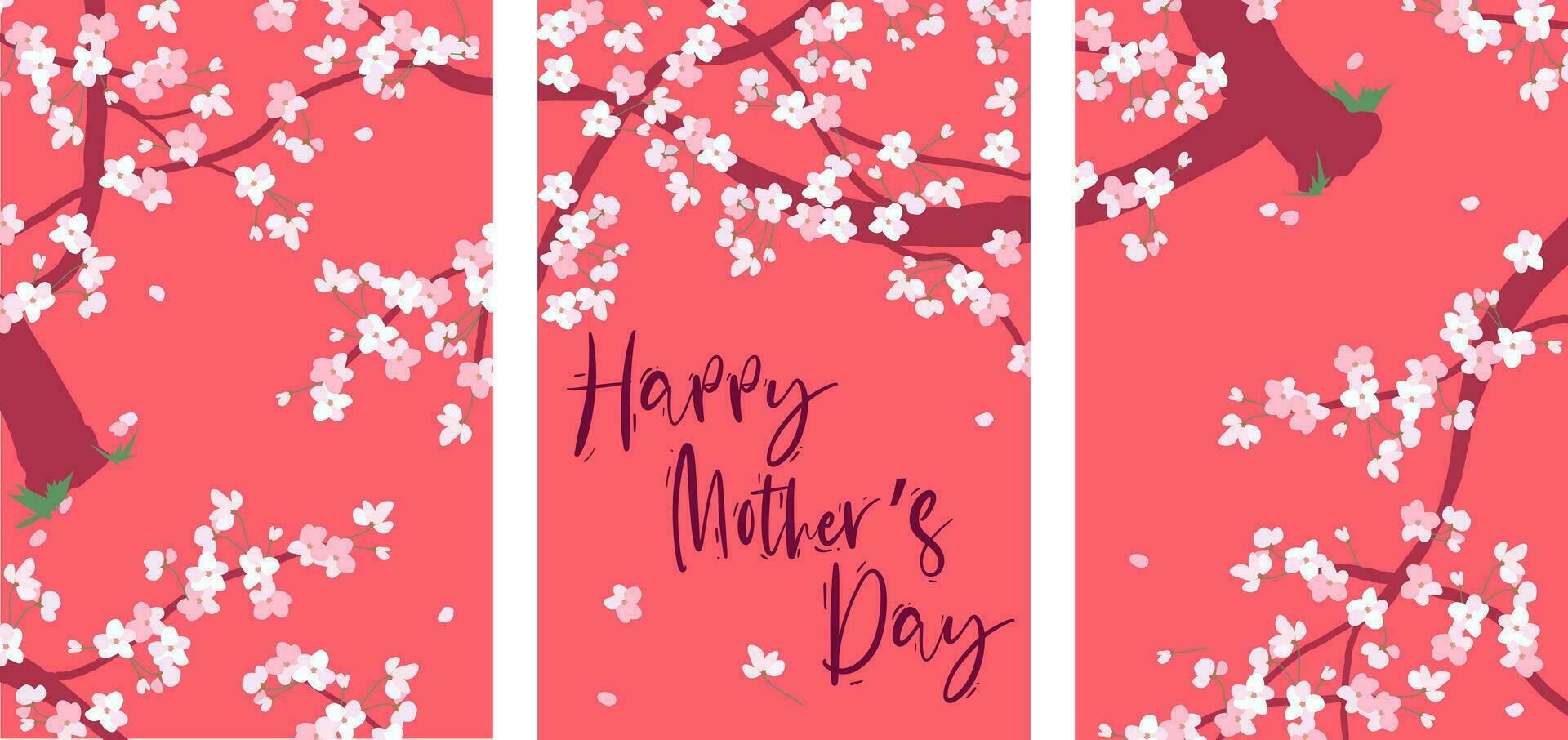 Illustration von Kirsche Bäume auf ein rot Hintergrund. festlich Banner zum Mutter Tag. Frühling Rosa Blumen. vektor Grafik von Sakura.