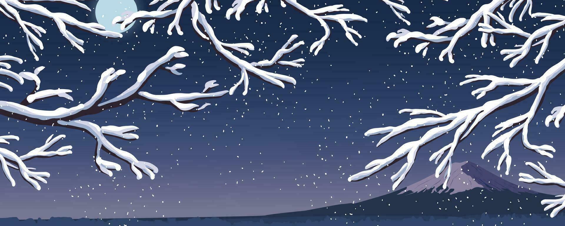 horizontal Vektor Winter Illustration. nackt Baum Geäst sind bedeckt mit Weiß Schnee auf montieren Fuji. Schneefall im das Nacht Wald. Karikatur Stil. Vektor.
