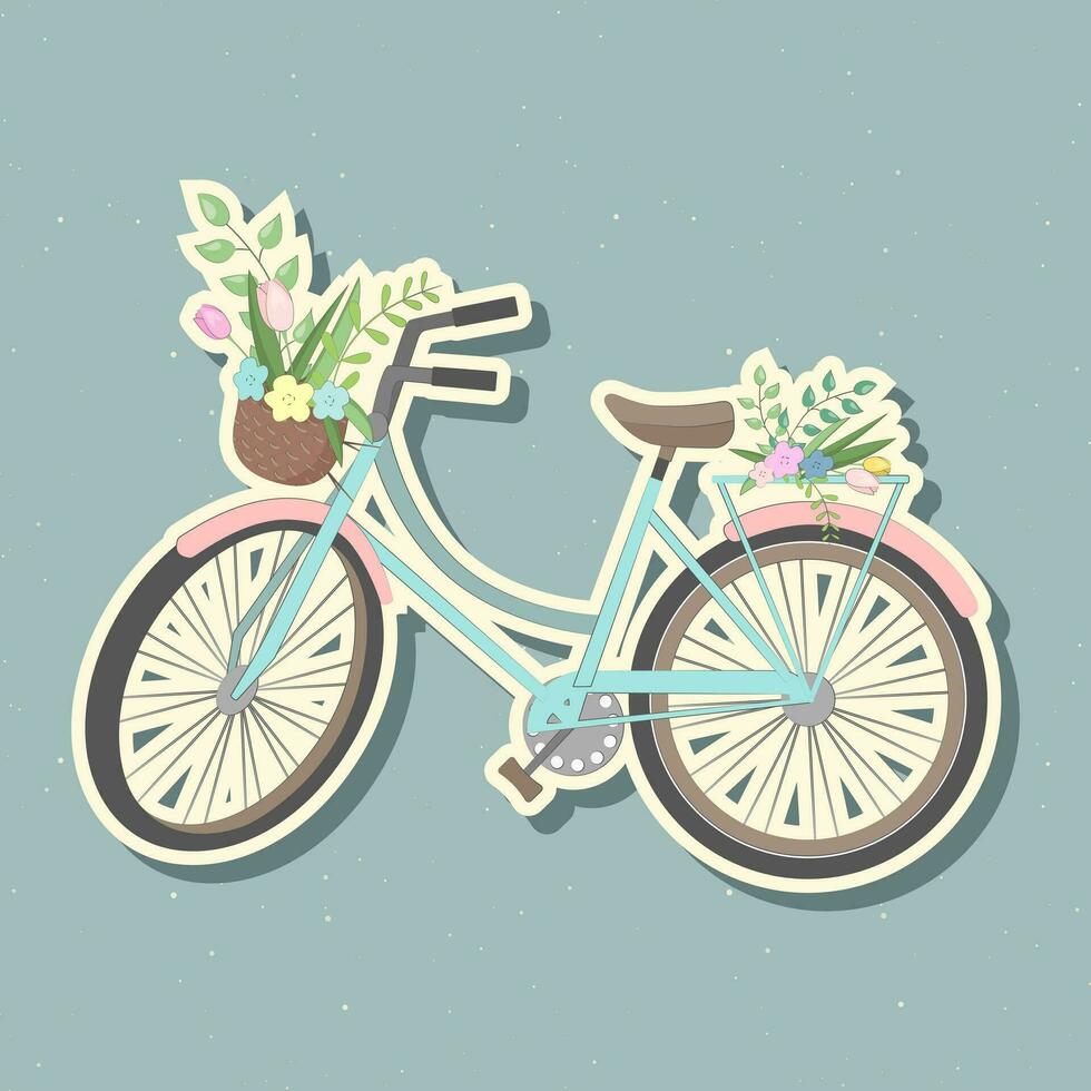 süß Fahrrad mit bunt Blumen und Korb. Aufkleber retro Fahrrad, Korb mit Blumen und Pflanzen. Vektor Illustration